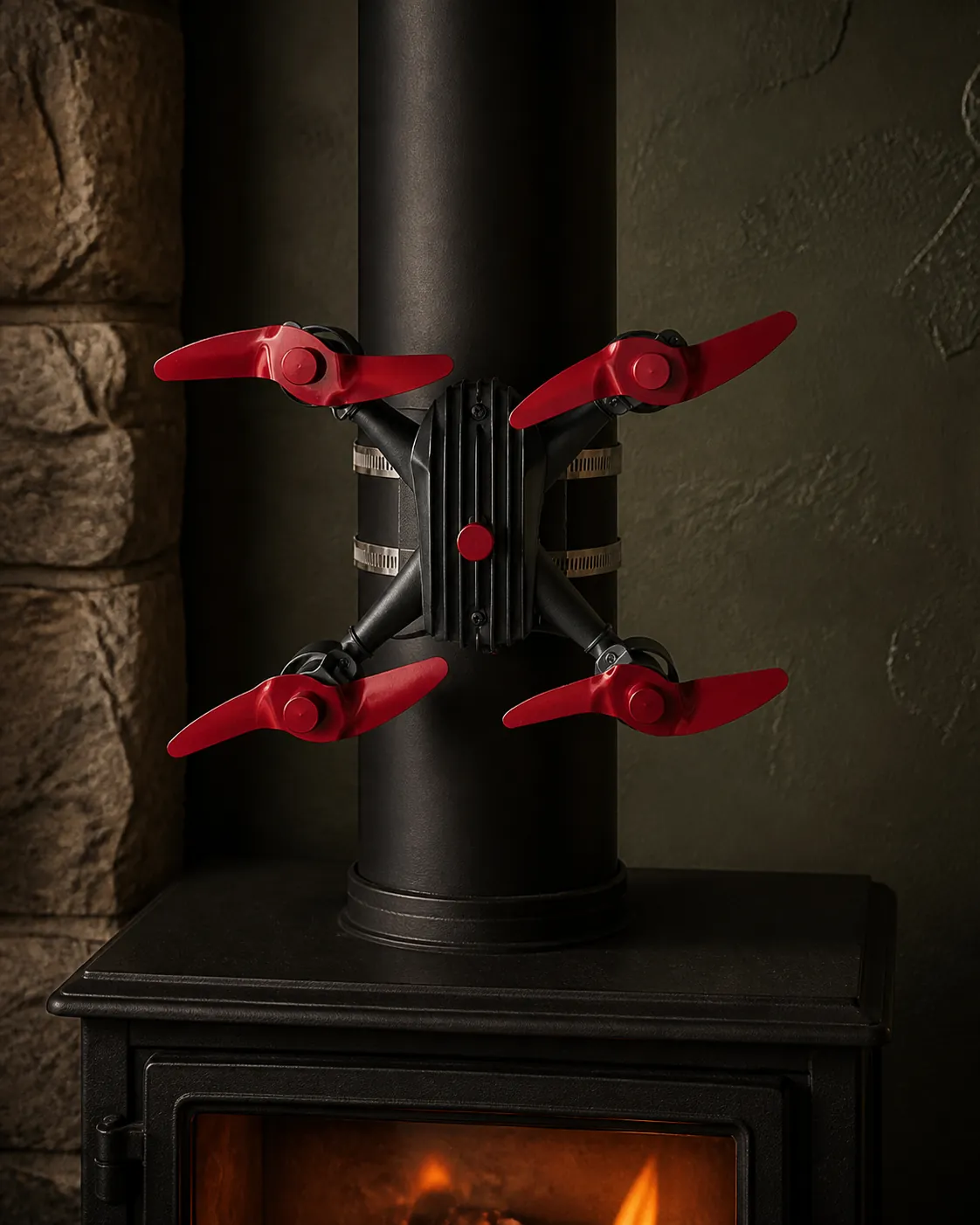 Pipe & Magnetic Fans in a fireplace setting