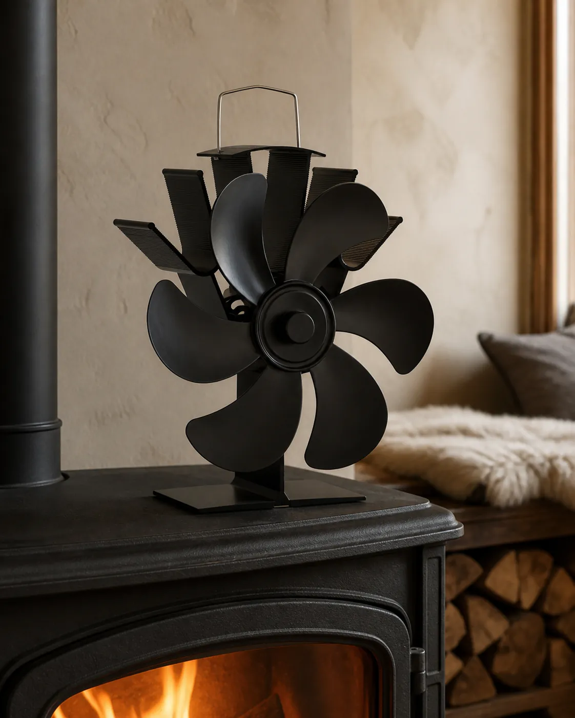 Classic stove-top fans in a warm fireplace setting