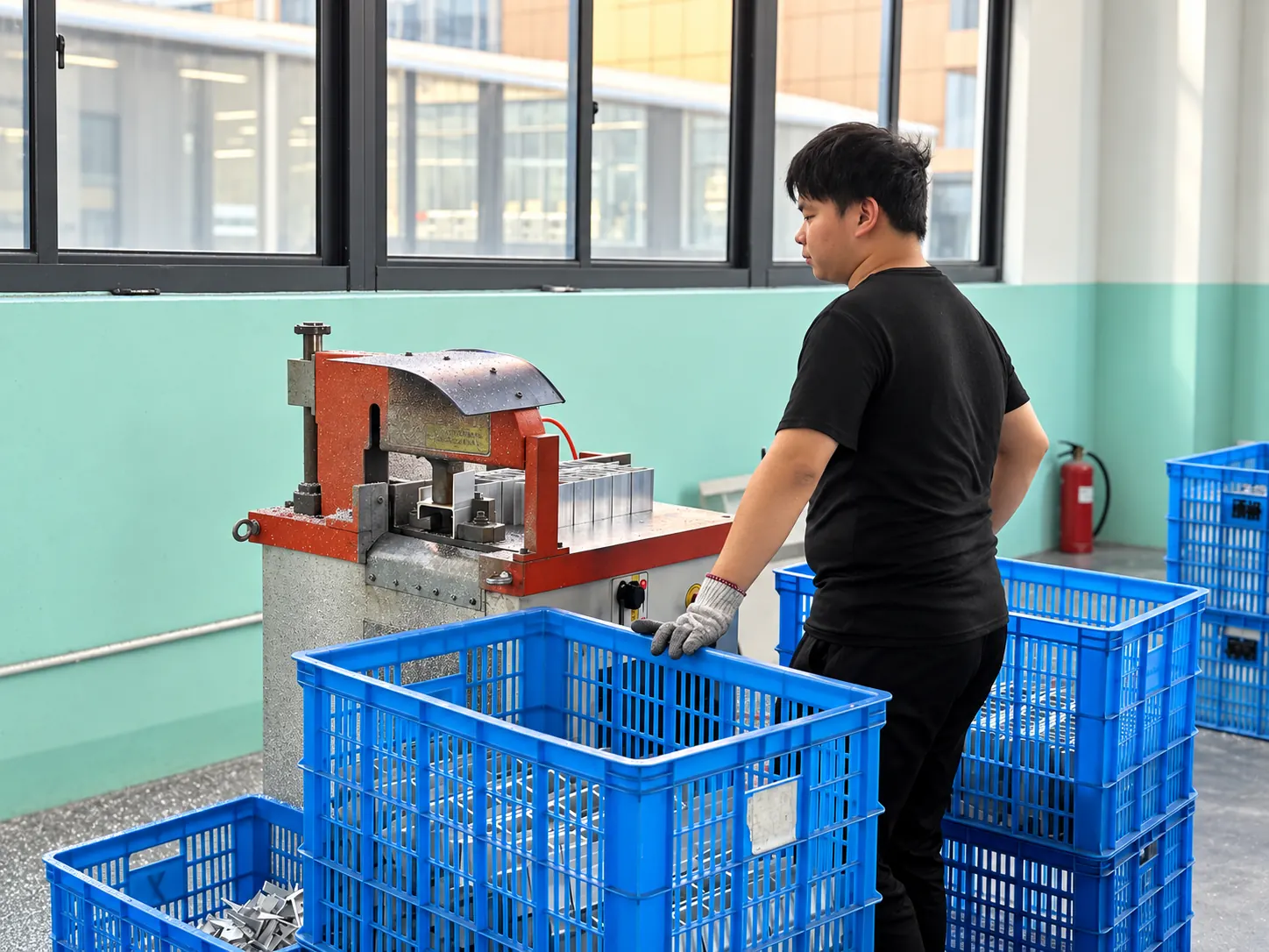 Worker preparing aluminium profiles at the production facility