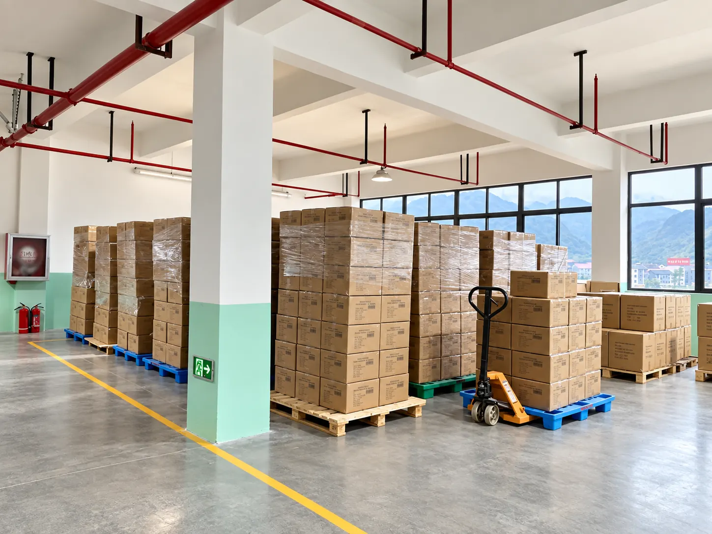 Packed stove fan orders staged on pallets for dispatch